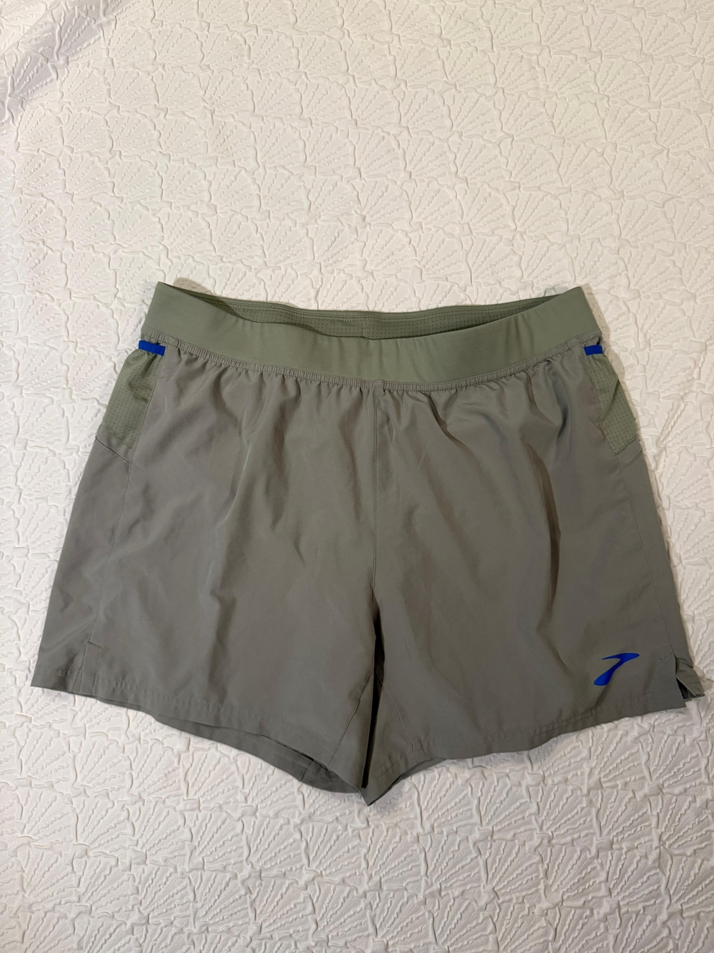 Brooks Olive Green Running Shorts with Blue Logo Accents